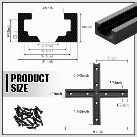 Dimensions of Pro Grade Four 48 Inch T Track System With Intersection Kit For Woodworking No Fuss Install, aluminum material, pre-drilled holes.