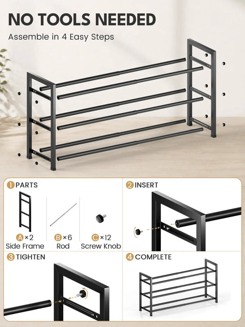 3 Tier Expandable Shoe Rack For Closet That Expands From 18 To 33 Inches To Stash 12 Pairs Of Adult Footwear Featuring No Hassle Setup And Solid Black Finish To Keep Your Space Looking Crisp And Uncluttered