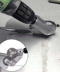 Heavy Duty Drill Nibbler Sheet Metal Cutter Kit For Electric Drills With Attachments shown cutting metal sheet close-up