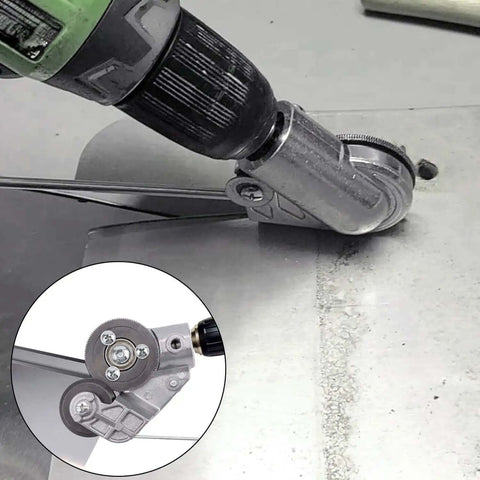 Heavy Duty Drill Nibbler Sheet Metal Cutter Kit For Electric Drills With Attachments shown cutting metal sheet close-up