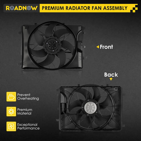 No Sweat Radiator Cooling Fan For Mercedes-Benz C230 C250 C300 C350 C63 AMG Engine Temp Controller direct replacement view from front and back.