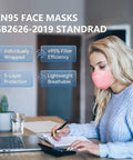 Woman wearing pink KN95 Face Mask 5 Ply Breathable Safety Mask Grey Comfortable Disposable Face Covering With Five Layer Filtration