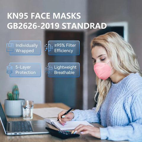 Woman wearing pink KN95 Face Mask 5 Ply Breathable Safety Mask Grey Comfortable Disposable Face Covering With Five Layer Filtration