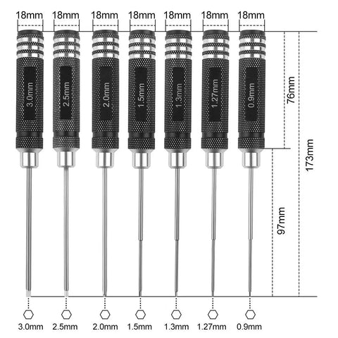 Pro RC Hex Driver Set 7Pc Hex Allen Screwdriver Kit with 0.9mm to 3.0mm bits for RC cars, helicopters, drones, and Traxxas models