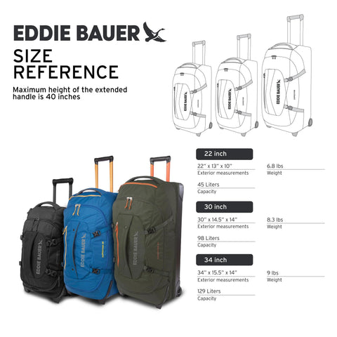 Eddie Bauer Expedition 2.0 size reference with Rugged Rolling Duffel Bag For Travel And Carry On, 22 Inch Luggage in Dark Thyme and other sizes.