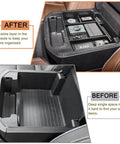 "Boss Level Power Sliding Center Console Organizer For 2021 To 2026 GMC Yukon Tahoe Suburban Armrest Storage Tray Black Not For Console With Charging Socket Premium Fit Easy Install" installed, showing organized compartments with items in car interior.