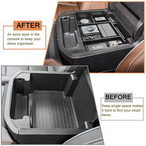 "Boss Level Power Sliding Center Console Organizer For 2021 To 2026 GMC Yukon Tahoe Suburban Armrest Storage Tray Black Not For Console With Charging Socket Premium Fit Easy Install" installed, showing organized compartments with items in car interior.