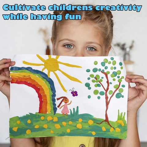 Child holding a colorful painted drawing with rainbow and sun