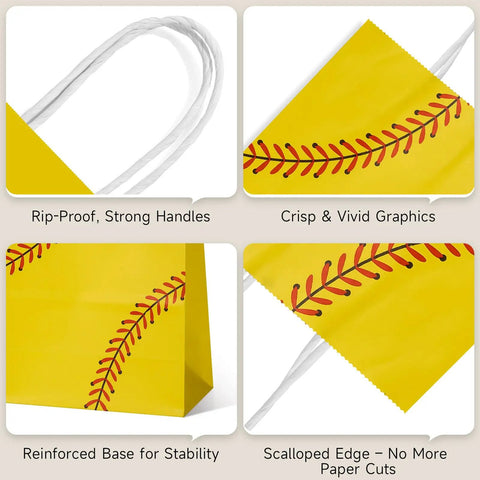 Softball Themed Paper Goodie Bags With Handles 12 Pack For Party Favors Treat Bags Game Day Decor Two Sided Softball Print Yellow Epic