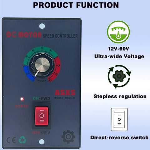 Beefy DC Motor Speed Controller 12V To 60V 20A Peak, panel with dial and forward/reverse switch, PWM speed control, industrial use