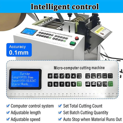 Automatic Heat Shrink Tube Cutting Machine 300W Cable Cutter control panel showing adjustable speed and accuracy 0.1mm.
