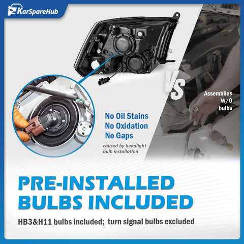 Quad Hole Headlight Assembly With Bulbs For Dodge Ram 1500 2009 To 2018 and Ram 2500 3500 2010 To 2018 Plus Ram 1500 Classic 2019 To 2022 OEM Quality Replacement