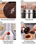 Four-step guide using Powerhouse 900W High Speed Grain Mill Grinder 150g Stainless Steel for dry seeds and spice grinding.