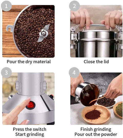 Four-step guide using Powerhouse 900W High Speed Grain Mill Grinder 150g Stainless Steel for dry seeds and spice grinding.