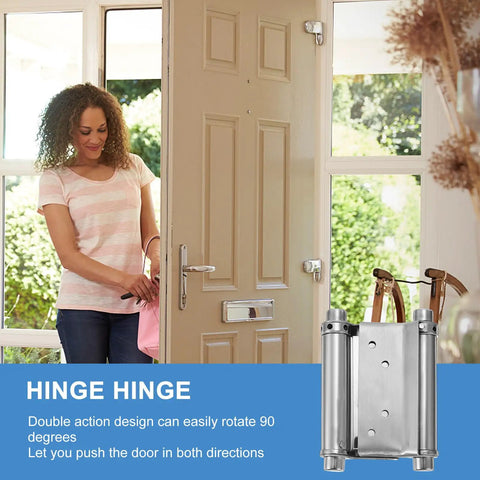 Woman opening door with Double Action Spring Door Hinges 2 Pack Stainless Steel Heavy Duty Butt Hinges visible on the side.