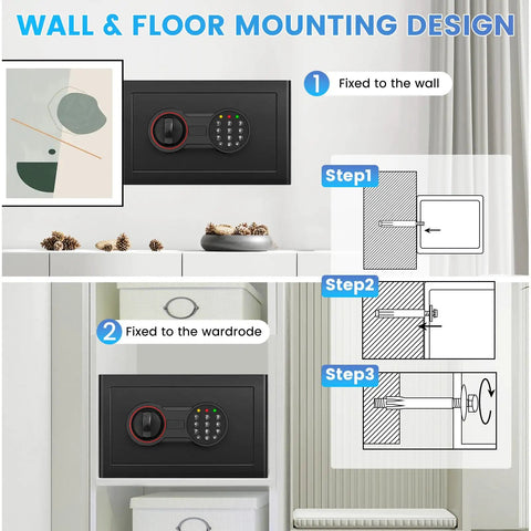Wall and wardrobe mounting steps for Compact Home Safe With Alarm System, Fireproof Waterproof Bag, Hidden Wall Or Floor Safe.