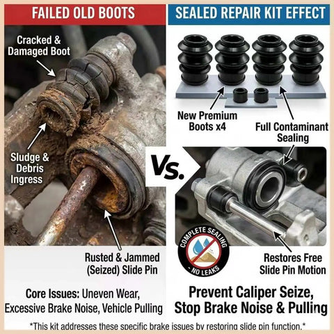 Comparison of failed old boots with Brake Caliper Rebuild Kit With Caliper Slide Pin Boots And Sealing Rings Rubber Bushings.