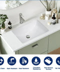 Undermount White Rectangular Ceramic Bathroom Sink With Overflow, Durable Glazed Finish, Water Resistant, Mounted on Green Vanity