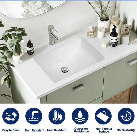Undermount White Rectangular Ceramic Bathroom Sink With Overflow, Durable Glazed Finish, Water Resistant, Mounted on Green Vanity