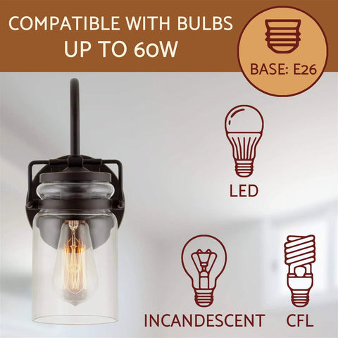 Wyer 11.5 Inch Farmhouse Industrial Wall Sconce with Gooseneck Arm and Clear Glass Jar Shade. Dimmable, E26 bulb compatible
