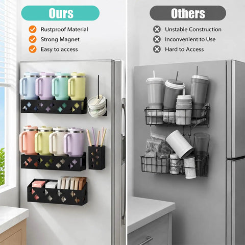Magnetic Fridge Bottle Organizer And Cup Holder Kit For 30-40 Oz Tumblers, Lid And Straw Storage, space-saving rack on fridge.
