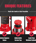 Red Torin Big Red 20-ton hydraulic bottle jack; safety bypass valve, adjustable screw top, welded cylinder