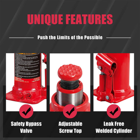 Red Torin Big Red 20-ton hydraulic bottle jack; safety bypass valve, adjustable screw top, welded cylinder