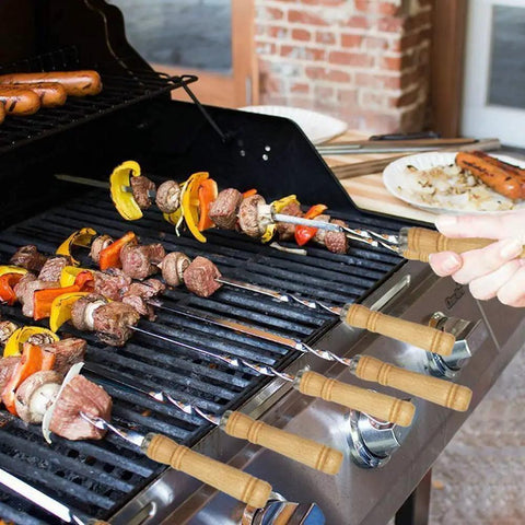 12 Pack 22 Inch Stainless Steel Kabob Skewers With Wide Reusable Nonslip Wooden Handles Heavy Duty BBQ Skewers on grill