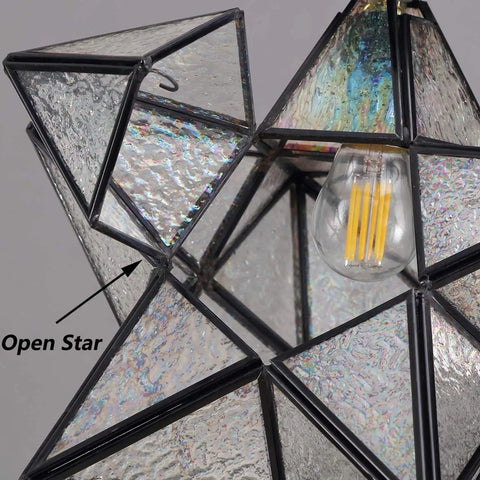 Close-up of Moravian Star Tiffany Style Stained Glass Ceiling Pendant Lamp with 12 Inch Lampshade showing open star detail.
