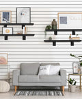 Six Pack Wooden Slatwall Shelves With Heavy Duty Metal Brackets For Home And Garage Organization, 24 By 12 Inch Slat Wall Storage, installed on wall with decor items.
