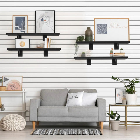 Six Pack Wooden Slatwall Shelves With Heavy Duty Metal Brackets For Home And Garage Organization, 24 By 12 Inch Slat Wall Storage, installed on wall with decor items.