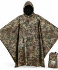 Military Style Tactical Ripstop Camo Rain Poncho for Outdoor Survival and Adventure Gear shown with carry bag.