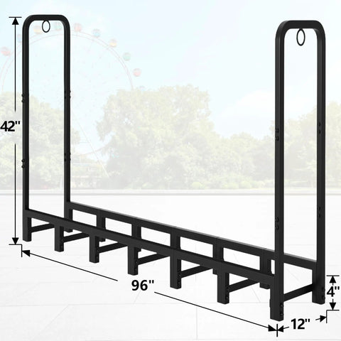 Heavy Duty 8ft Firewood Log Rack For Outdoor Use On Porch Or Backyard Keeps Fire Wood Neatly Stacked, 96 Inch wide steel holder