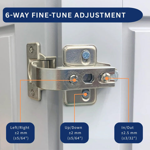 Close-up of 90 Degree Lazy Susan Pie Cut Cabinet Hinge showing 6-way adjustment on corner bifold doors.