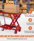 Heavy Duty Hydraulic Lift Table Cart 500 Lb Portable Scissor Platform With Pump For Smooth Material Handling And Easy Lifting Up To 28 Inches No Oil Mess At All with 500 lb box on red platform in warehouse.
