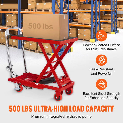 Heavy Duty Hydraulic Lift Table Cart 500 Lb Portable Scissor Platform With Pump For Smooth Material Handling And Easy Lifting Up To 28 Inches No Oil Mess At All with 500 lb box on red platform in warehouse.