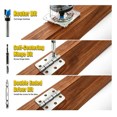 Sharp Door Lock Installation Kit With Heavy Duty Hinge Jig And Precision Hole Saw Template For No Sweat DIY Projects showing router, self-centering hinge, double ended driver bits.