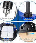 Close-up components of Heavy Duty Portable Drill Guide With Adjustable 0 To 60 Degrees Multi Angle For Straight Holes Pro Grade Drill Press Adapter