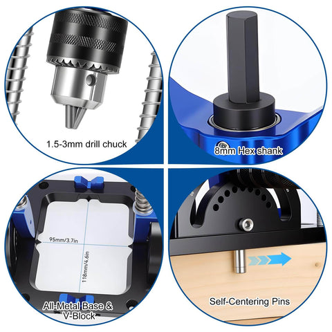 Close-up components of Heavy Duty Portable Drill Guide With Adjustable 0 To 60 Degrees Multi Angle For Straight Holes Pro Grade Drill Press Adapter