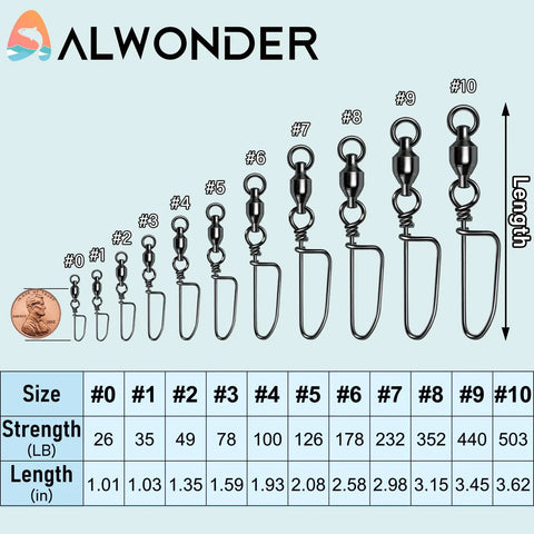 20 Pack Ball Bearing Swivels With Snaps For Fishing Tackle Premium Heavy Duty Saltwater Freshwater Gear Coastlock Barrel Swivels Leader Connectors Downrigger Planer Release Clips 49Lb sizes #0-#10 chart