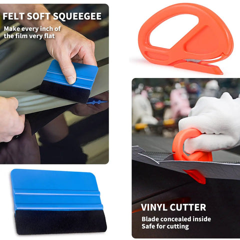Vinyl Wrap Tool Kit For Car Wrapping And Window Tinting With 4 Inch Felt Squeegee and Zippy Vinyl Cutter in use