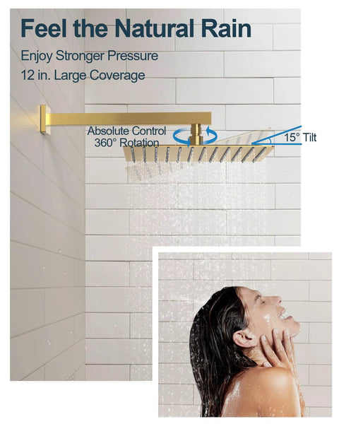 GRANDJOY 12" Shower System with Handheld Spray, Brushed Gold, featuring 12-inch rainfall showerhead for large coverage.