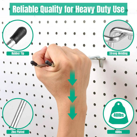 A hand placing a heavy duty metal hook into a pegboard. Text highlights rubber tip, strong welding, zinc plated. 10 Pack Pegboard Hooks Set, Heavy Duty Metal Hooks For Pegboard, 4 Inch And 6 Inch Lengths, 1/4 Inch Fit, Wall Mount Hangers For Garage, Craft Room, Office, And Workbench Storage, Pegboard Not Included.