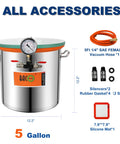Front view of 5-gallon stainless steel vacuum chamber with tempered-glass lid and gauge, orange gasket.