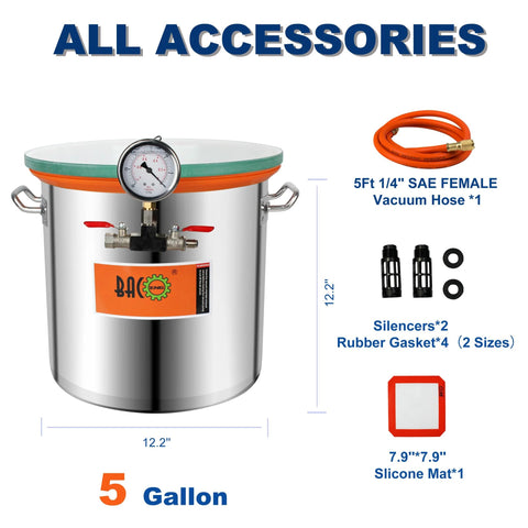 Front view of 5-gallon stainless steel vacuum chamber with tempered-glass lid and gauge, orange gasket.