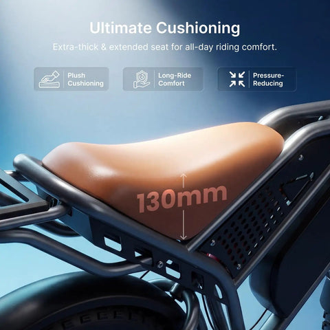 Beast Mode High Torque Electric Bike For Adults With 2000W Peak Motor And 28 MPH Top Speed, showing cushioned seat detail
