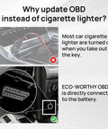 Comparison of cigarette lighter and OBD II for Dual Charging Solar Battery Trickle Charger Maintainer With OBD II Plug And Alligator Clips 12V.