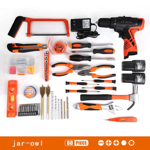 All In One Power Tools Kit With 60 Piece Accessory Set And 16.8V Cordless Drill For Home DIY And Repairs, laid out