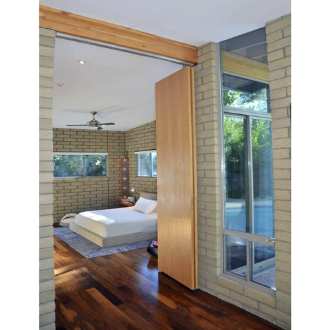 Heavy Duty Bi Fold Door Hardware Kit For 72 Inch Custom 4 Door System installed in modern bedroom, wooden sliding door