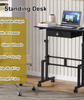 Adjustable Height Sit Stand Desk On Wheels With Drawer, Rolling Computer Desk For Standing Or Sitting, shown in home office.